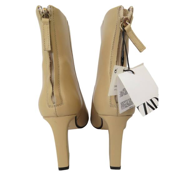 New ZARA Tan Leather Back Zip Square Toe Heeled Ankle Boots Womens 10 EU 41 - Picture 8 of 11